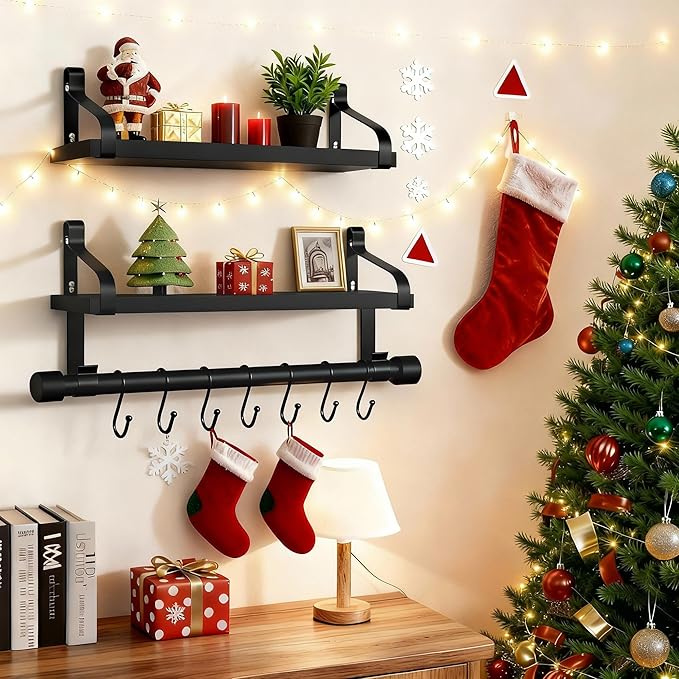 Love-KANKEI Floating Shelves for Coffee Bar,Bathroom Shelves with Towel Bar, Wall Shelves with 8 Hooks for Kitchen, Storage Shelf Set of 2 for Bedroom,Living Room，17.3 Inch Black