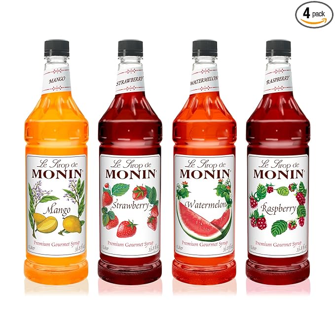 Monin - Summer Variety Pack, Fruit Flavored Syrup, Mango, Strawberry, Raspberry, & Watermelon Syrup, Simple Syrup for Margaritas, Lemonade, Cocktails, & More, Clean Label (1 Liter, 4-Pack)
