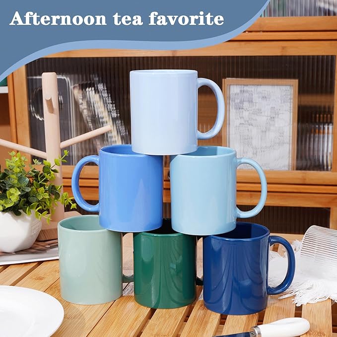 Multi-Coloured Ceramic Mugs Set of 6-11.2 oz / 330ml -Coffee Mugs-Cappuccino-Tea Cups- Hot Chocolate Cups (Cool Color, Large)