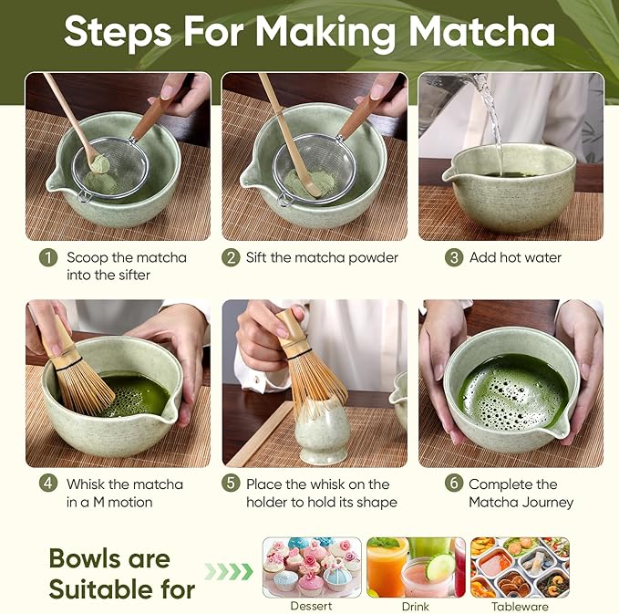 Matcha Whisk Set 10pcs – Traditional Japanese Matcha Kit with Bamboo Whisk, Ceramic Matcha Bowl with Pouring Spout, atcha Kit for Ceremony, Making Tools for Tea Ceremony (Matcha Green)