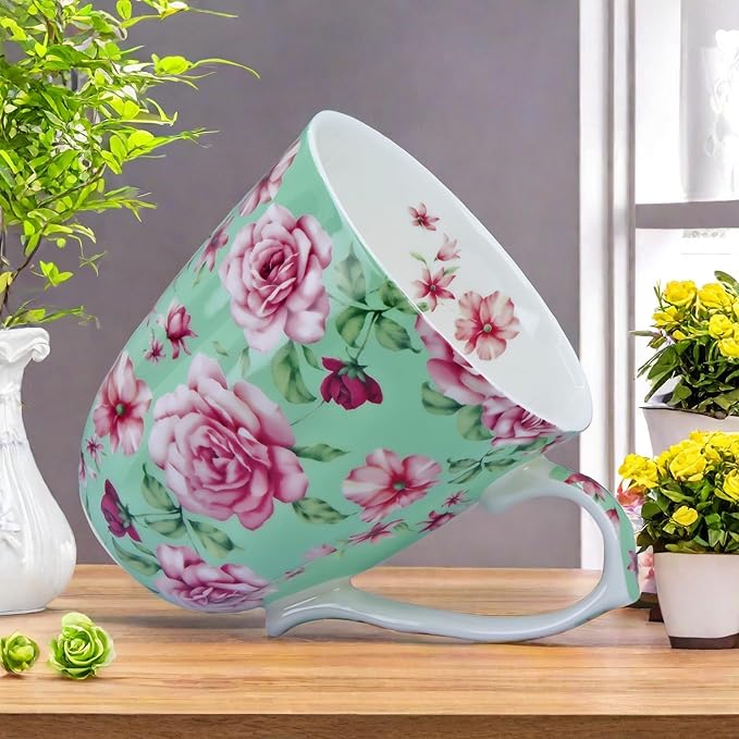 14oz Bone China Coffee Mugs for Women Floral Coffee Mug Tea Cups Novetly Coffee Cups Gift for Women Mom Friends