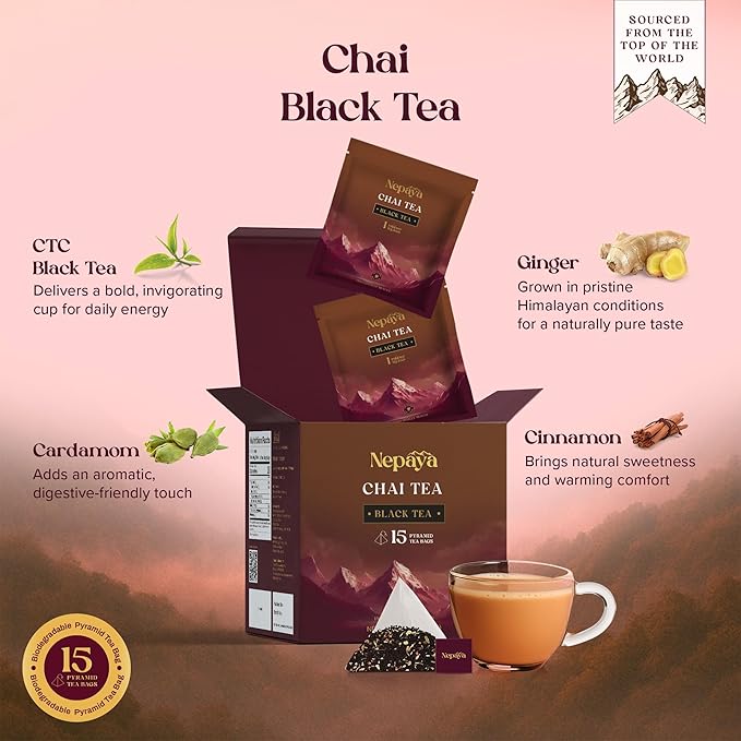 Nepaya Masala Chai – 15 Pyramid Black Tea Bags, Spiced with Ginger, Cardamom & Cinnamon, Biodegradable, Whole-Leaf, High Caffeine, Himalayan Chai