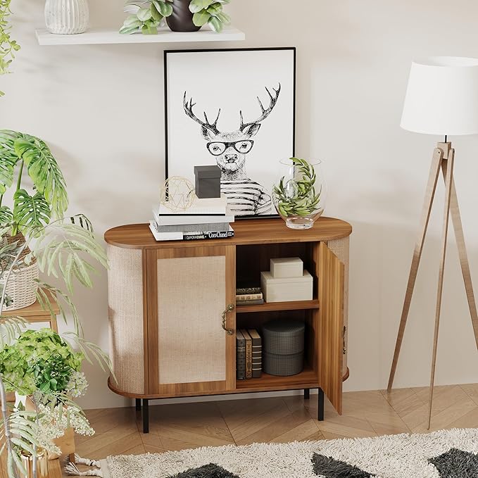 40" Sideboard Buffet With Storage, Rattan Small Buffet, Oval Accent Cabinet for Living Room, Dining Room (Walnut, 40inch)