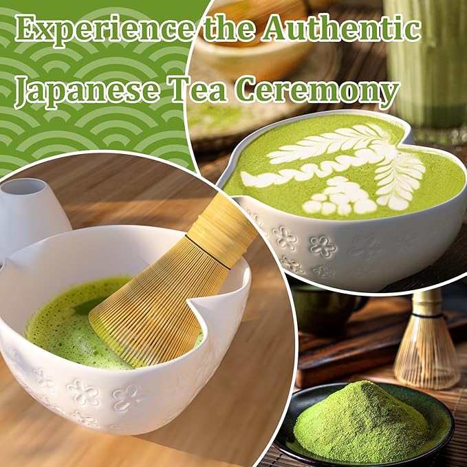 Matcha Whisk Set & Japanese Tea Set, 8PCS Ceramic Matcha Kit, Heart-shaped Matcha Bowl with Spout and Bamboo Whisk for Ceremony Matcha Lovers, Ideal Gift Christmas and Birthday (Ivory White)