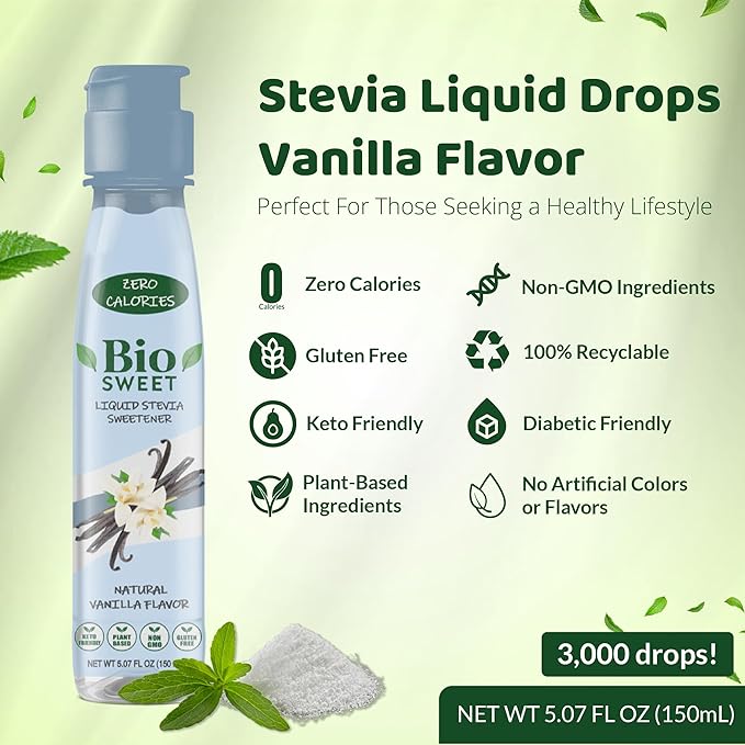BioSweet Stevia Drops - Vanilla Flavor | Zero Calorie Liquid Sweetener | Non GMO, Keto & Diabetic Friendly, Gluten Free, Vegan | Nothing Artificial | 3,000 drops (5.07 Fl Oz)