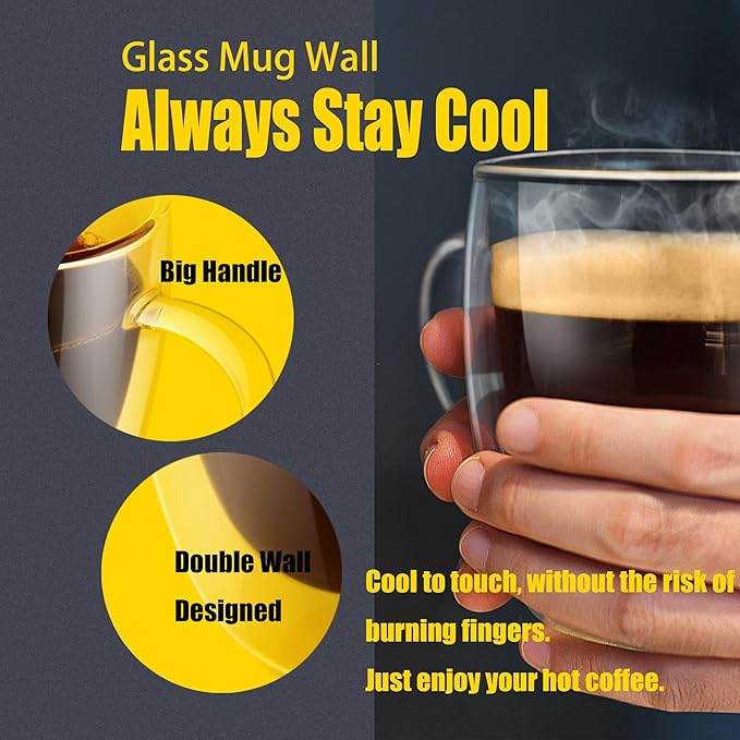 PunPun 17oz.500ml Large Coffee Mug,Double Walled Clear Mugs,Coffee Glass Cup, Heat Resistant Borosilicate Clear Glasses,Premium Glasses, Set of 2
