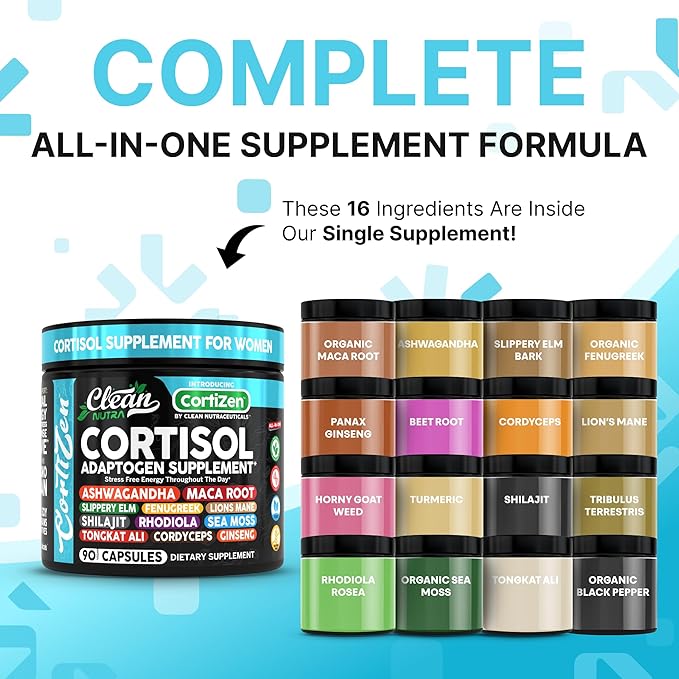 Clean Nutra Cortisol Supplements For Women | Maca Root Ashwagandha Cortisol Detox Manager Reducer + Slippery Elm Fenugreek Lions Mane Shilajit Rhodiola Sea Moss Tongkat Ali Cordyceps Ginseng Beet Root