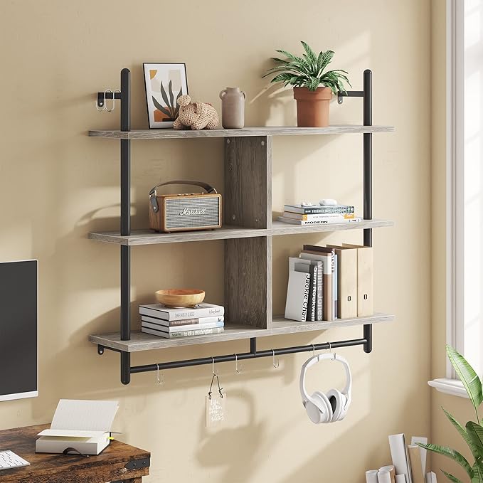 Bestier 41" Floating Kitchen Shelves Wall Mounted 3 Tier Coffee Bar Mug Shelf Hanging with 8 Hooks Display Plant Pipe Shelving for Living Room Kitchen Bathroom Balcony, Retro Grey