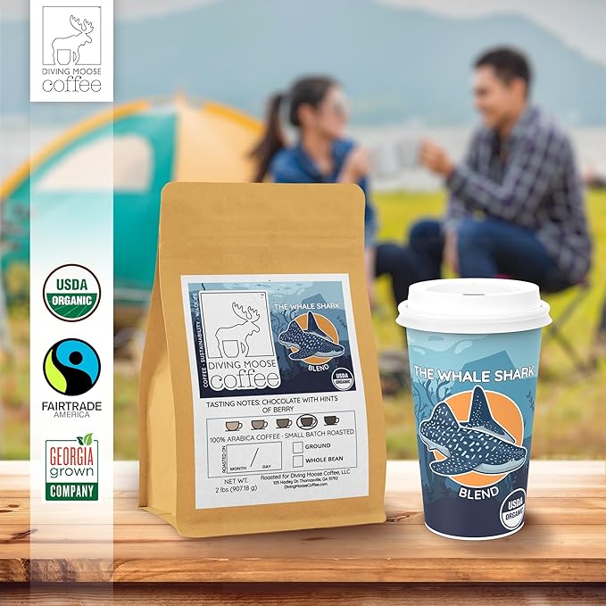 Diving Moose Coffee - The Whale Shark Blend USDA Organic Medium Dark Roast (32oz / 2 LB) - Chocolate Berries Specialty Grade Small-Batch Roasted to Order Smooth Not Bitter