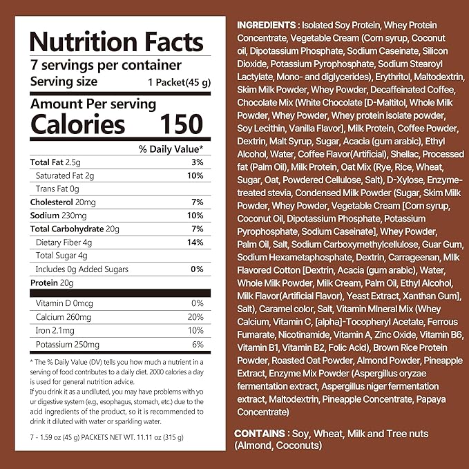 Dolce Latte Protein Shake, With Crunchy Protein Balls, Protein Smoothie Powder - 20g Protein, Low Sugar, Keto-Friendly Meal Replacement Shake, 1.59oz, 7packs 7 Servings (7 Packs X 1.59 oz)