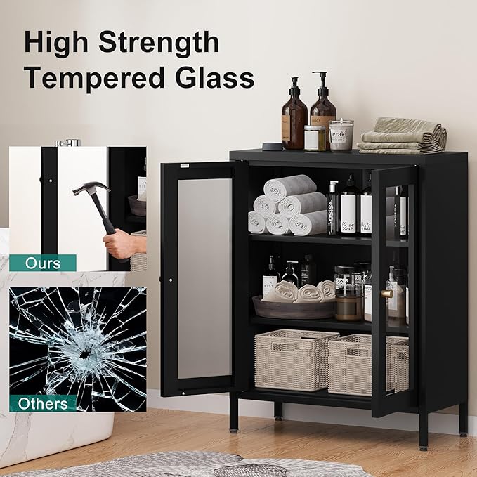 Small Display Cabinet with Glass Doors, 12" Shallow Metal Storage Cabinets Short Bookcase Cabinet with Two Door Two Shelves Metal Glass cabinets for Home Office Living Room