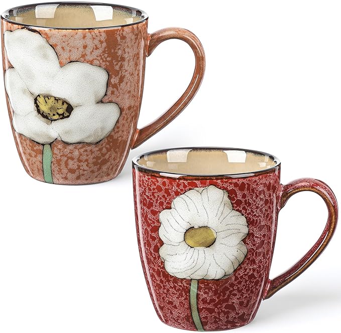Maxdot 2 Pcs 12oz Ceramic Coffee Mugs Sets Glazing Process Cappuccino Mug Floral Ceramic Tea Cups Christmas Housewarming Idea Gift for Women Porcelain Cup for Coffee, Cocoa, Tea, Latte (Vintage)