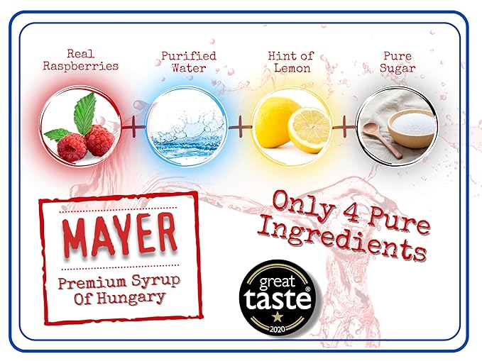 Mayer Hungarian Premium Raspberry Artisanal Syrup, Award-Winning, All-Natural, Vegan, Gluten-Free, With 100% Real Fruits, Perfect Coffee Syrup & Cocktail Syrup, No Artificial Additives (1 Pack)