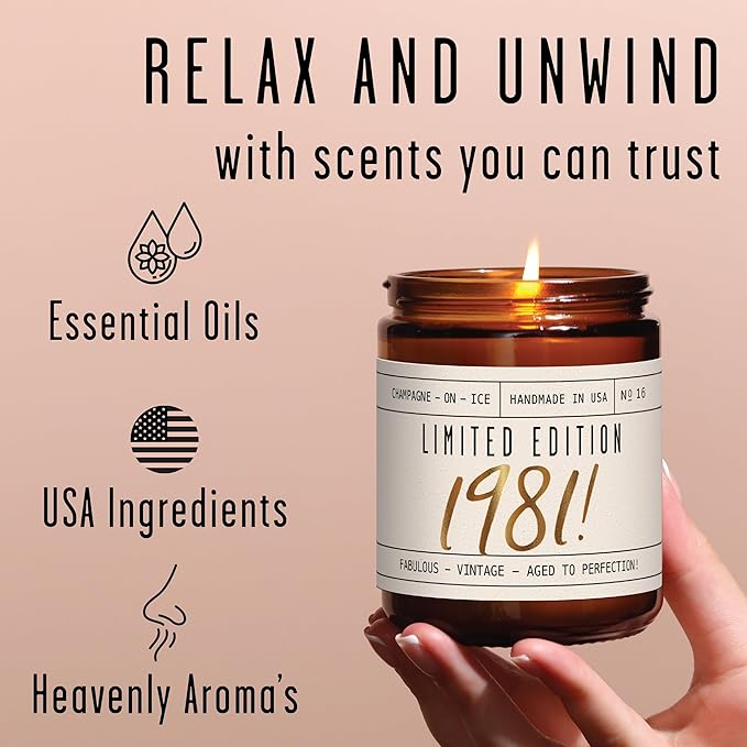 44th Birthday Gifts for Women - 'Limited Edition 1981' Soy Candle, w/Champagne on Ice I 44 Birthday Gifts for Women I 44th Gift for Her Ideas I 9oz Reusable Jar, 50Hr Burn, Made in USA
