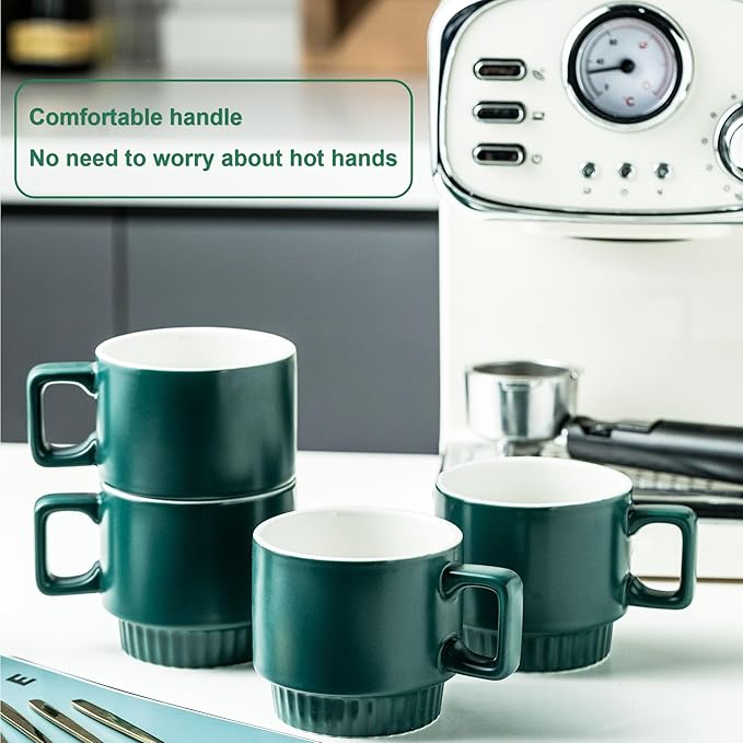 Stackable Coffee Mugs Set of 4 with Holder Spoons 11oz Ceramic Cappuccino Cups for Espresso Latte Tea Drinks, Dishwasher & Microwave Safe, Green