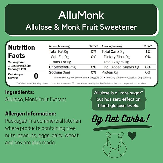 ChipMonk AlluMonk - Allulose and Monk Fruit Sweetener Blend - Keto, Diabetic & Paleo Friendly - Zero Calorie, Zero Carb, Granulated Natural Sugar Substitute - Gluten Free, Vegan