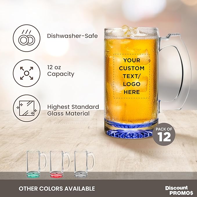 12 Libbey Beer Mugs Set, 12 oz. - Customizable Text, Logo - Groomsmen Glassware - Blue