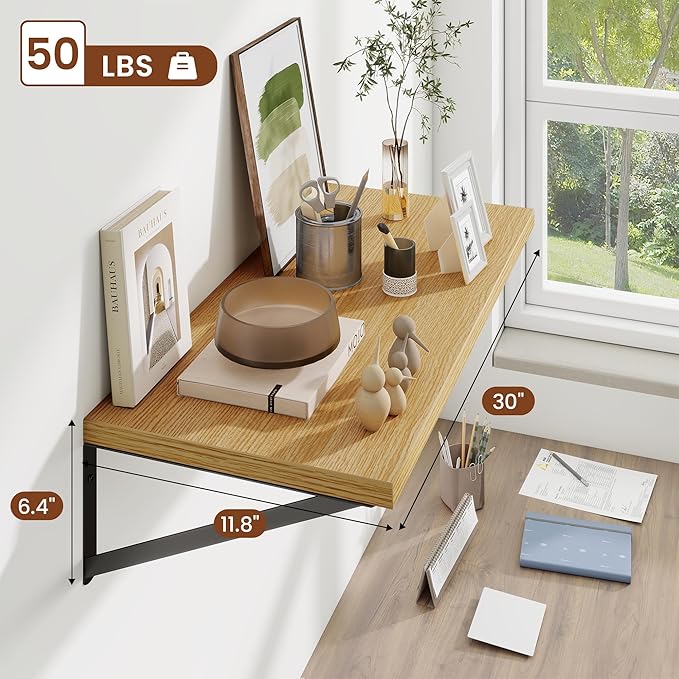 Deep Wall Shelves 30"W x 12"D Engineered Wood Floating Shelves for Wall, Sturdy Metal Bracket Bookshelves Home Decor Storage for Living Room Bedroom Bathroom Kitchen, Set of 2, Oak Finish