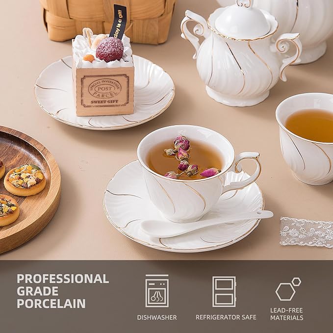 Tea Set 21-Piece Porcelain tea cups and saucers set of 6 with Sugar and Creamer Set & Teapot,teapot set for Adults, Women Tea Party,White