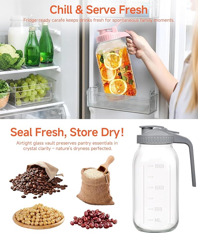 64oz Black Glass Pitcher, 1.95L Capacity, Leak-Proof, Scratch-Resistant, Dishwasher Safe, Modern Design, Ideal for Iced Tea, Coffee, Parties