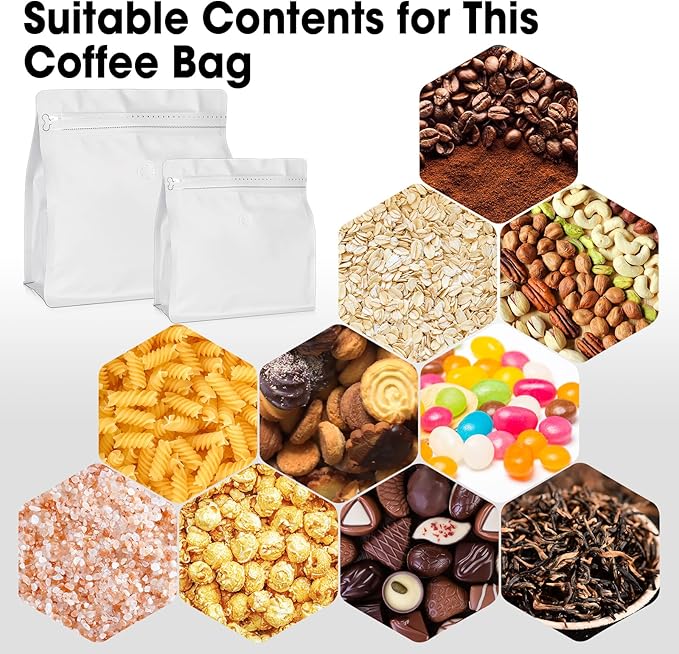 50 Count 16oz Coffee Bags with Valve,1lb Vented Coffee Beans Packaging Bags High Barrier Aluminumed Foil Flat Bottom Heat Sealed Side Zipper Resealable Storage Bag for Home or Business（White）