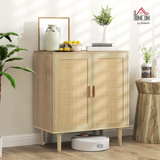 HOMCOM Sideboard Buffet Cabinet, 32" Boho Buffet Table, Rattan Coffee Bar Cabinet with 2 Doors and Shelves for Kitchen, Living Room, Entryway, Natural