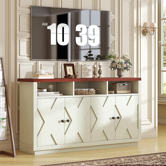 60” Large Sideboard Buffet Cabinet with Storage, Farmhouse Kitchen Buffet Cabinet with Adjustable Shelves and 4 Barn Doors, Wood Coffee Bar Storage Cabinet for Kitchen, Dining Room, Rustic White