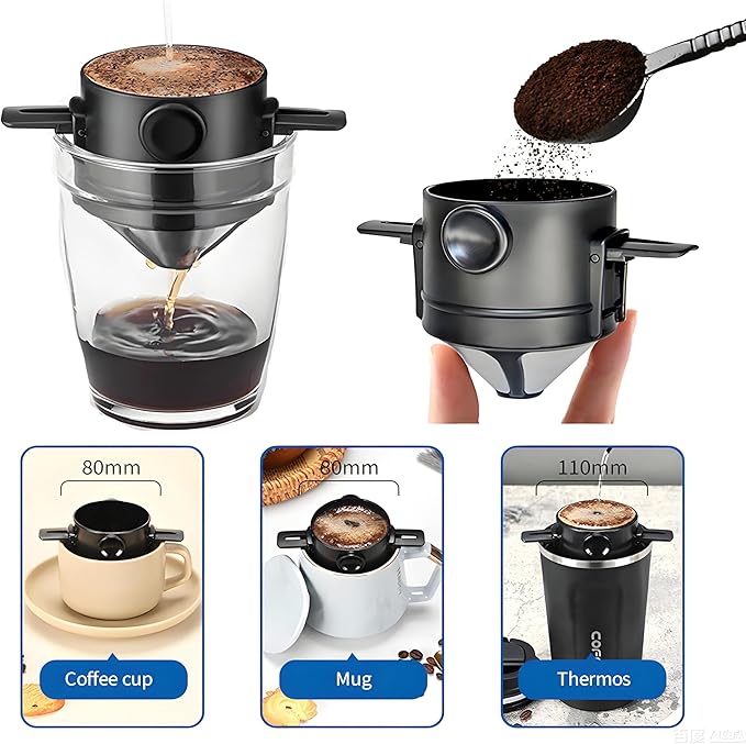 Pour Over Coffee Maker, Manual Drip Coffee 250ml Cup with Stainless Steel Mesh Filter, to Clean for Home,Office, Travel, Camping, Portable Coffee Kit, Black