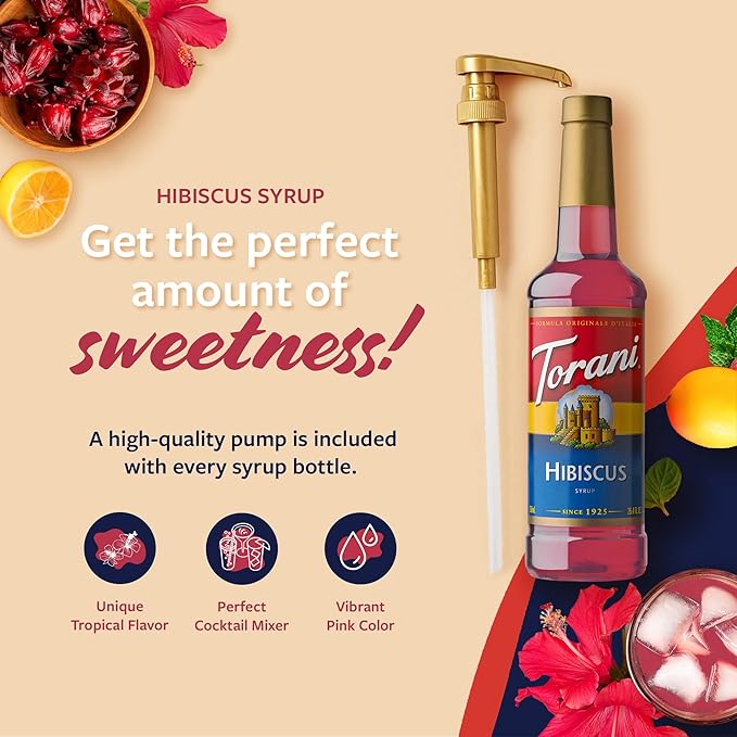 Torani Hibiscus Syrup for Drinks, Flavoring for Iced Tea, Lemonade, Sodas, and Cocktails, Pump Included, 25.4 Oz