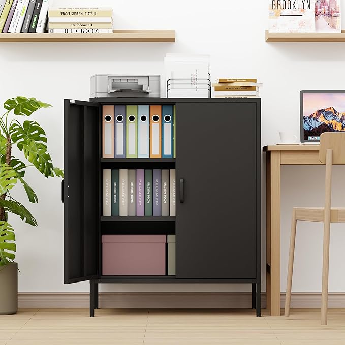 Black Metal Storage Cabinet,Metal Locker Storage Cabinet with 2 Doors and Shelves,Kitchen Pantry Cabinet,Modern Storage Freestanding Organizer Rust for Home,Kitchen,Office