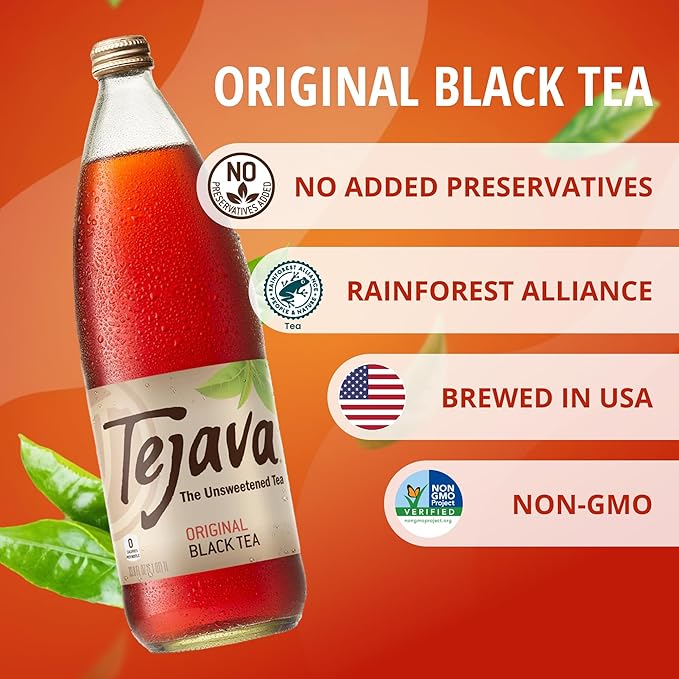 Tejava Original Unsweetened Black Iced Tea, 12 Pack, 1 Liter Glass Bottles, Non-GMO, Kosher, No Sugar or Sweeteners, No calories, No Preservatives, Brewed in Small Batches