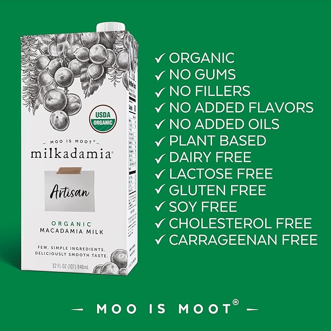 Milkadamia Organic Artisan Macadamia Milk, Non-Dairy, Plant Based, Vegan, Gluten Free, 32 Fluid Ounce (Pack of 6)