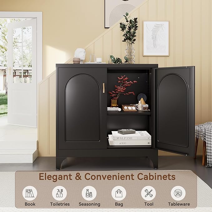 Buffet Cabinet with Storage, 33" H Side Board Storage Cabinet with Doors and Shelves, Metal Sideboard Cabinets for Dining Room, Living Room, Assembly Required, Black