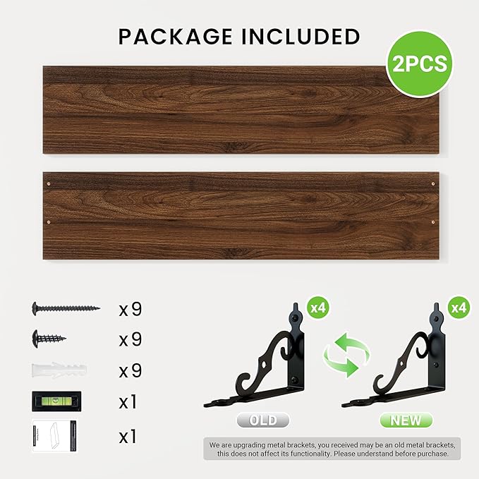 RICHFOCUS Floating Shelves for Wall Decor, 35.4W x 8D Shelves Set of 2, 8 Inch Deep Rustic Wood Shelves Wall Mounted with Brackets, Long Floating Shelves for Living Room Bedroom Kitchen, Walnut
