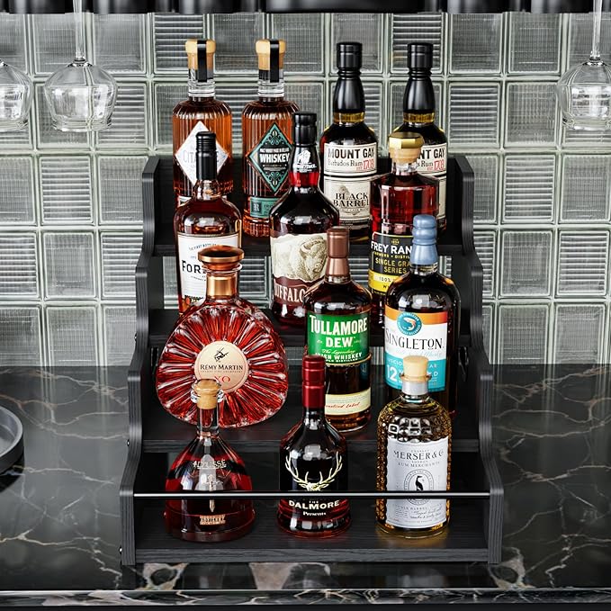 KLM Liquor Bottle Display Shelf, Coffee Syrup Rack Organizer, 4 Step Countertop Liquor Wine Rack, mini bar,liquor cabinet, Home Retro Bar Shelf Stand for Liquor Whiskey, (Black)