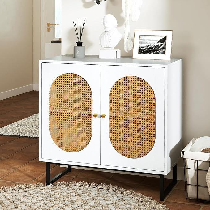 Giantex Rattan Sideboard Buffet Cabinet with Storage, Boho Sideboard with Doors & Adjustable Shelf, Small Accent Buffet Storage Cabinet with Metal Legs for Kitchen, Living Room, Entryway, White