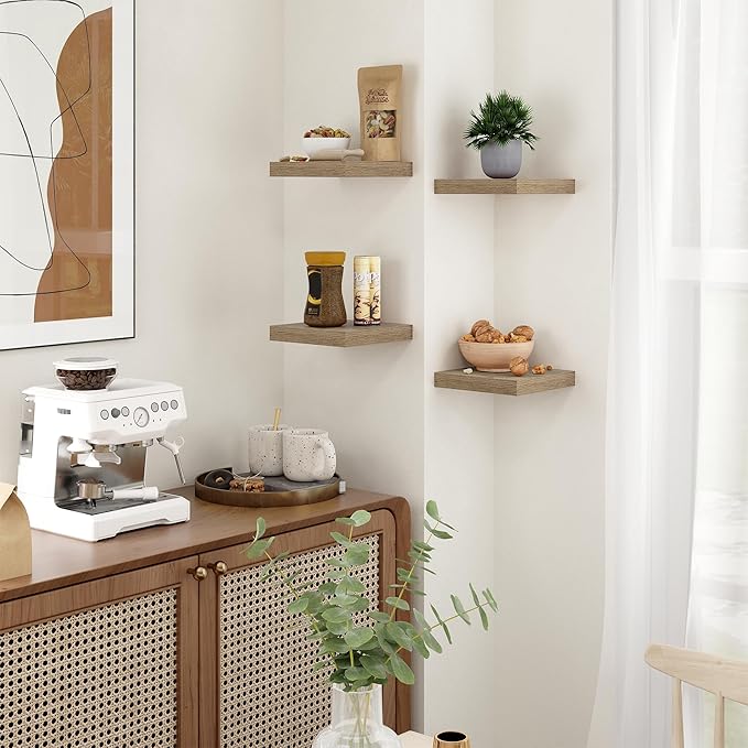 Fun Memories Floating Shelves for Wall - 7.5 Inch Square Shelves with Invisible Brackets, Grey Small Wall Shelf for Living Room, Bathroom, Bedroom, and Kitchen Decor，Set of 4