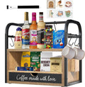 Coffee Bar Organizer for Countertop – 3-Tier Wood & Metal Shelf with Chalkboard Drawer, 6 Removable Mug Hooks, Side Caddy, Magnetic Stickers, Handle, Non-Slip Feet – Coffee & Tea Station