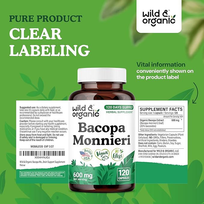 Wild & Organic Bacopa Monnieri Capsules 600 mg - Brain Support - Natural Bacopa Supplements - Brahmi Capsules - 120 Days of Supply - Vegan, No Fillers, Non-GMO - 120 Count