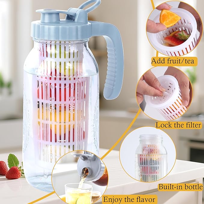 Half Gallon Glass Pitcher With Infuser Lid 2 Quart Mason Ja Fruit Infused Cold Hot Water Pitcher 64 Oz Wide Mouth Sun Tea Jar For Outside For Fridge Lemonade, Beverage,Milk,Juice, Cold Brew Container