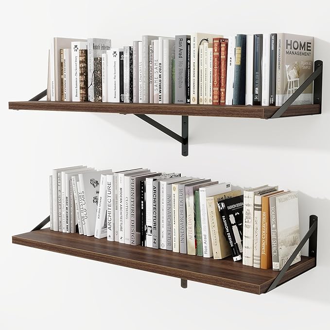 Deep Wall Shelves 40"W x 12"D Engineered Wood Floating Shelves for Wall, Sturdy Metal Bracket Bookshelves Home Decor Storage for Living Room Bedroom Bathroom Kitchen, Set of 2, Walnut Finish