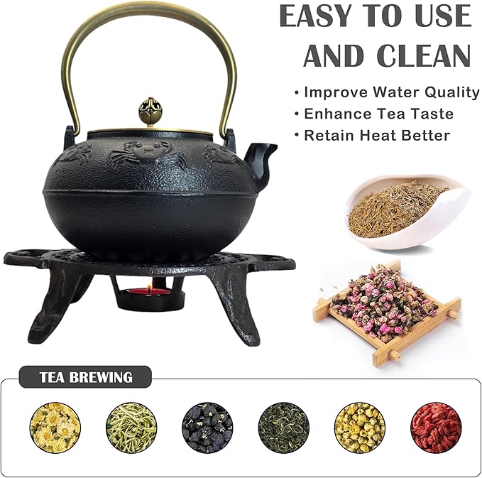 44oz Cast Iron Teapot Set with Tea Light Warmer, Durable Japanese Tetsubin Teapot for Stovetop, Asian Tea Kettle for Adults, Elegant Durable Tea Gift Set (1300ml)