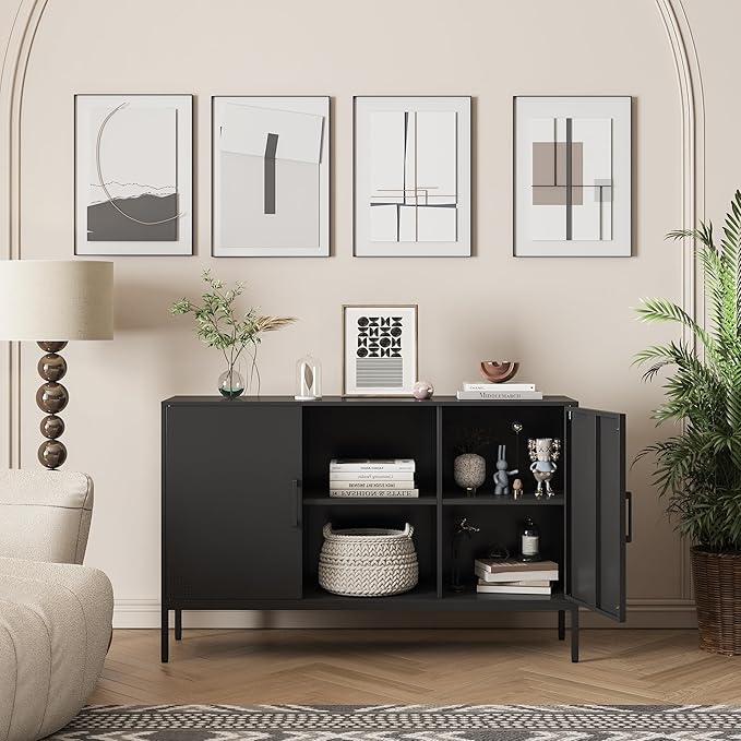Metal Storage Cabinet,Metal Black TV Stand,Coffee Bar Buffet Cabinet Kitchen Sideboard Storage with Adjustable Shelves for Living Room Bedroom