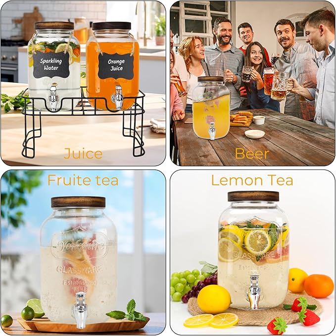 Glass Drink Dispensers For Parties, 2 PACK 1 Gallon Beverage Dispenser With Wooden Lids, Metal Stand And Spigot 100% Leak proof. Lemonade Dispenser With Chalk board