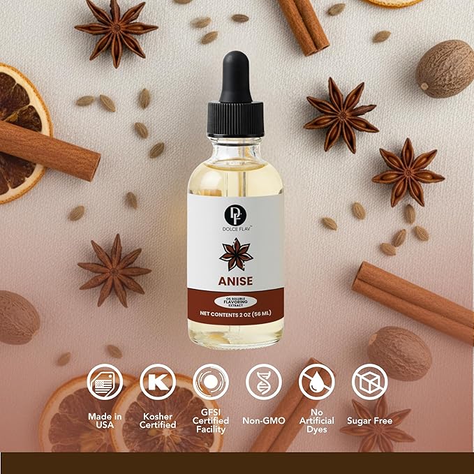 Dolce Flav Star Anise Extract – 2 Ounce Oil-Soluble Kosher, Sugar-Free, Concentrated Licorice Anise Flavoring for Baking, Cookies & Liqueurs, Includes Measured Dropper.