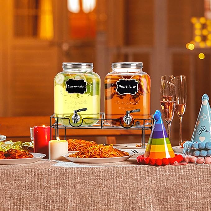 1.6 Gallon Glass Drink dispenser, 2 PCS Beverage Dispenser With Stand, Lemonade Dispenser with Stainless Steel Spigot,Drink Dispensers for Parties,Weddings, Picnic