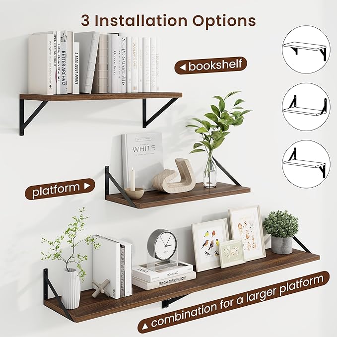 Axeman Deep Floating Shelves for Wall - 24 Inch Wide x 10 Inch Deep Floating Shelves Set of 2 -Walnut Wide Wall Shelves for Living Room Bathroom Bedroom