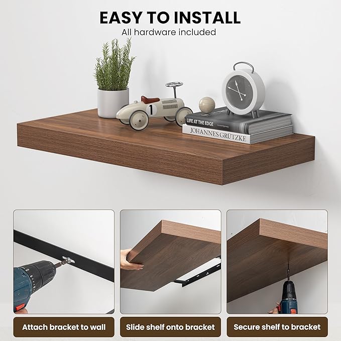Dreamland 55" Floating Shelves for Wall, 12" Deep Thicker Walnut Floating Shelves, Wall-Mounted Shelves for Bedroom, Living Room, Kitchen, Bathroom - Set of 1
