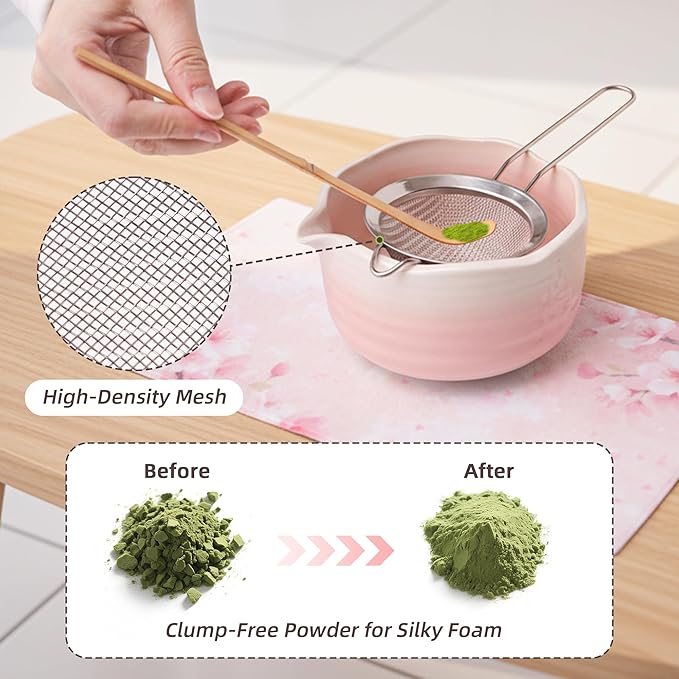 Pink Matcha Set, 7 Pcs Matcha Kit with Matcha Bowl with Spout, Bamboo Whisk & Holder, Tea Towel, Stainless Sifter, Bamboo Scoop & Rest, Cute Macha Gift Set for Women Birthday Christmas
