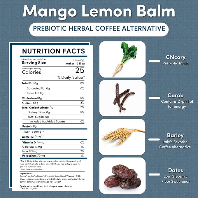 Teeccino Mango Lemon Balm - Prebiotic Superboost™ Herbal Blend - Steep Like Loose Leaf Tea or Brew Like Coffee – Support Probiotics 3 Vegan Prebiotics for Gut Health & Good Mood, 10 Ounce